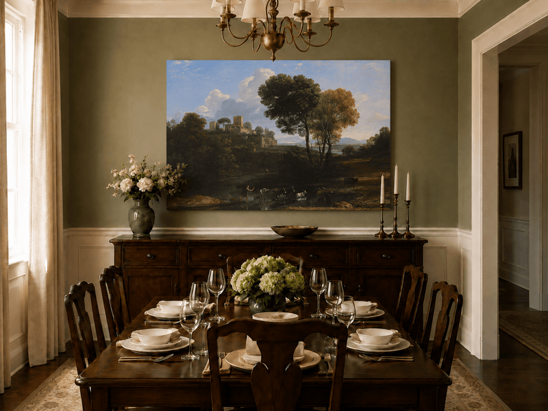 Peinture à l'huile de paysage - Bord de rivière avec château et bétail