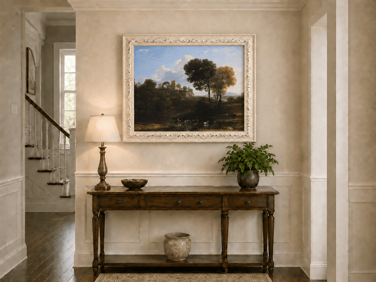 Peinture à l'huile de paysage - Bord de rivière avec château et bétail