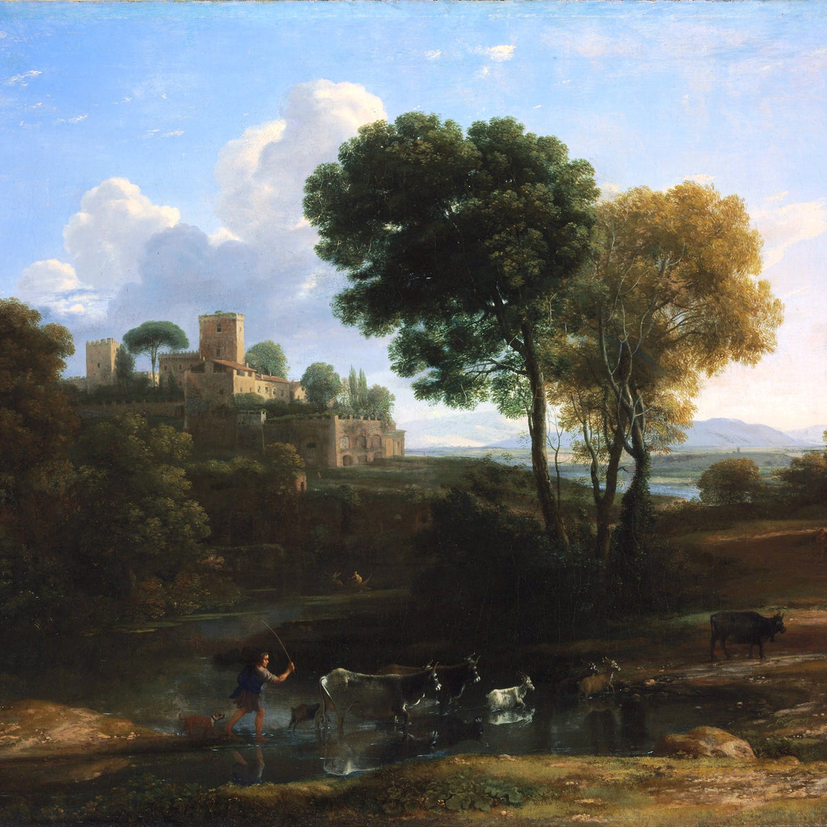 Peinture à l'huile de paysage - Bord de rivière avec château et bétail