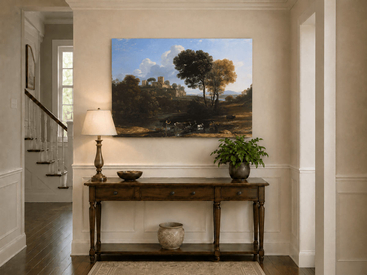 Peinture à l'huile de paysage - Bord de rivière avec château et bétail