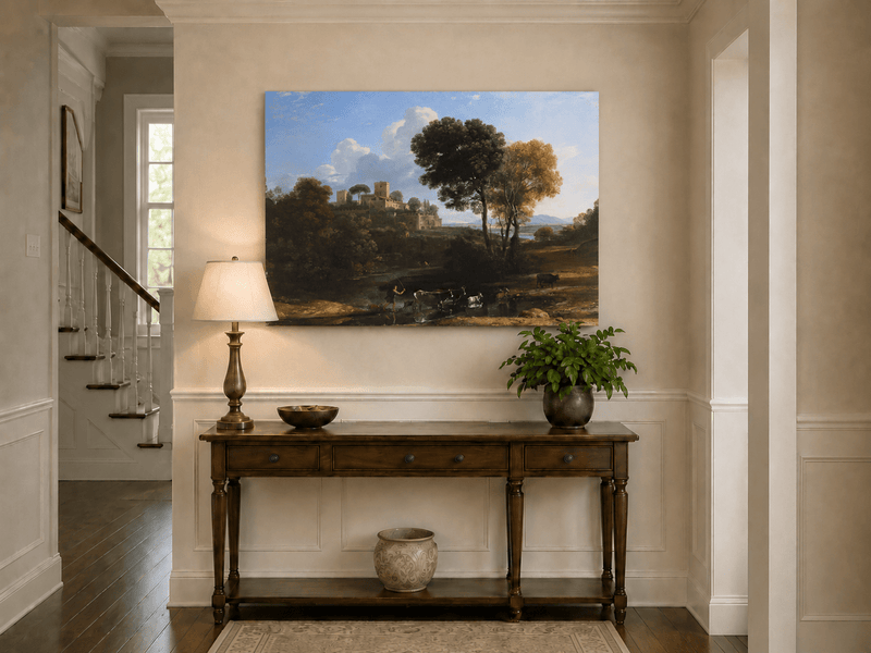 Peinture à l'huile de paysage - Bord de rivière avec château et bétail