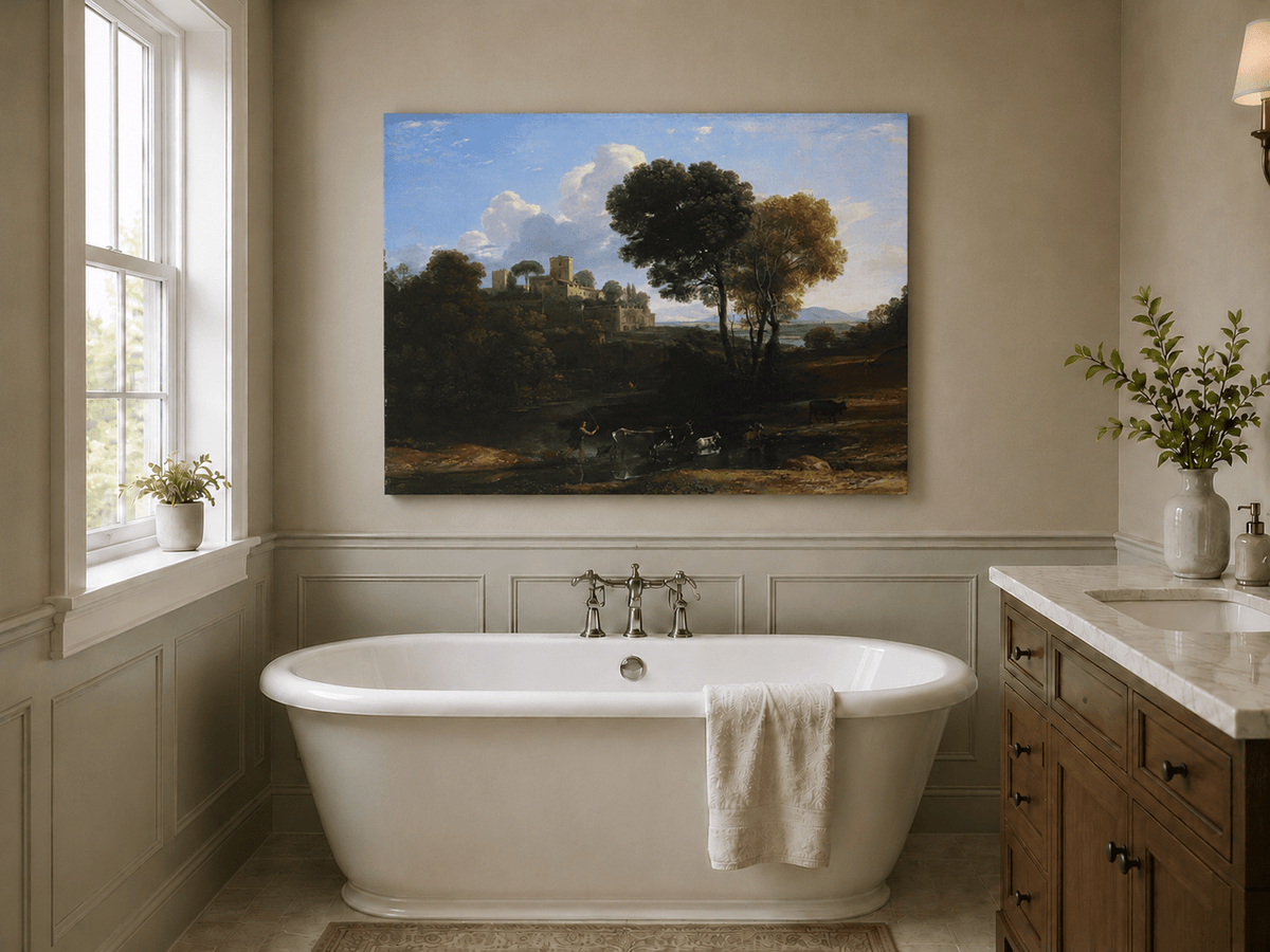 Peinture à l'huile de paysage - Bord de rivière avec château et bétail