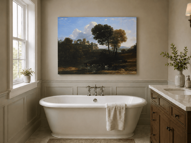 Peinture à l'huile de paysage - Bord de rivière avec château et bétail