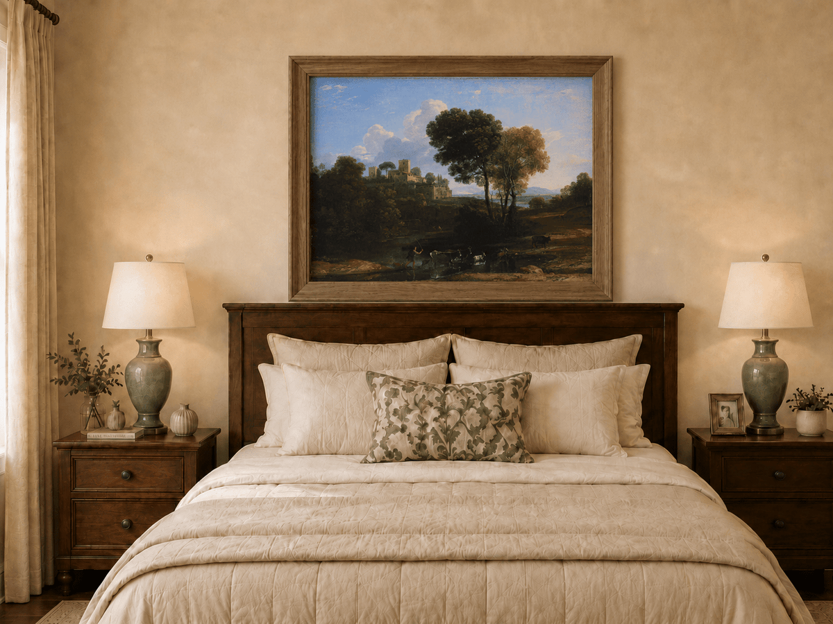Peinture à l'huile de paysage - Bord de rivière avec château et bétail