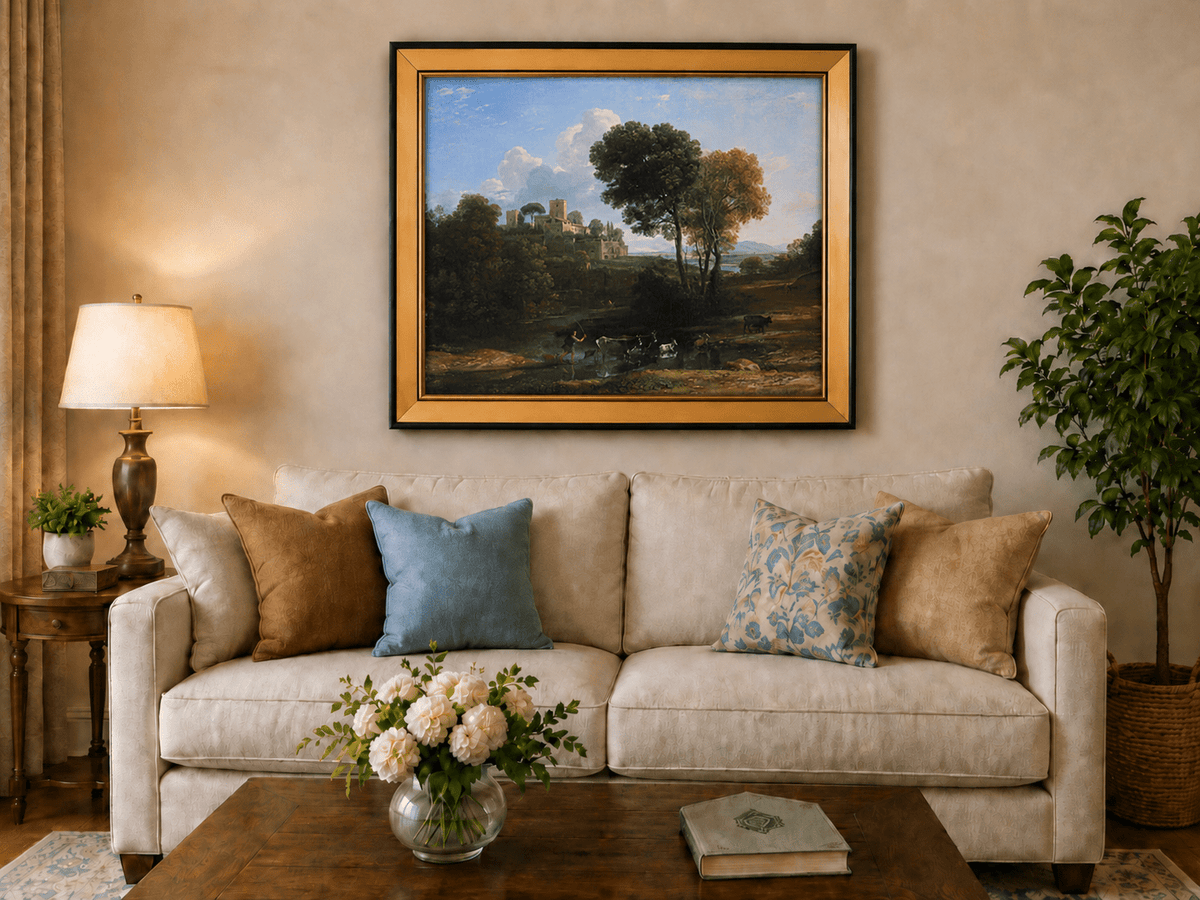 Peinture à l'huile de paysage - Bord de rivière avec château et bétail
