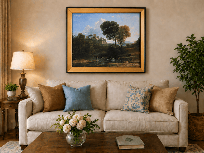 Peinture à l'huile de paysage - Bord de rivière avec château et bétail