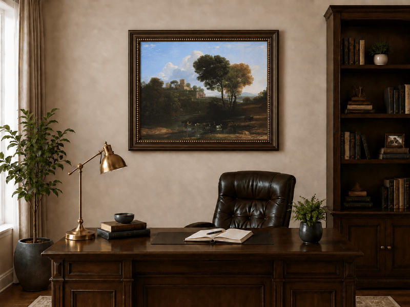 Peinture à l'huile de paysage - Bord de rivière avec château et bétail