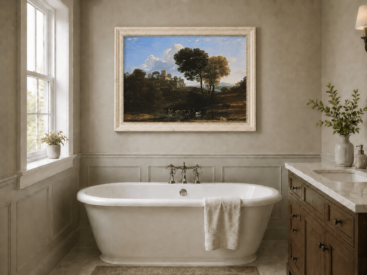 Peinture à l'huile de paysage - Bord de rivière avec château et bétail