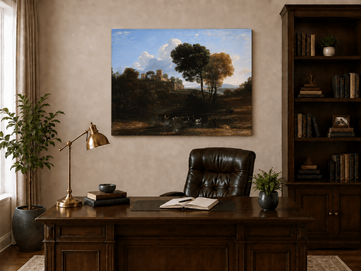 Peinture à l'huile de paysage - Bord de rivière avec château et bétail