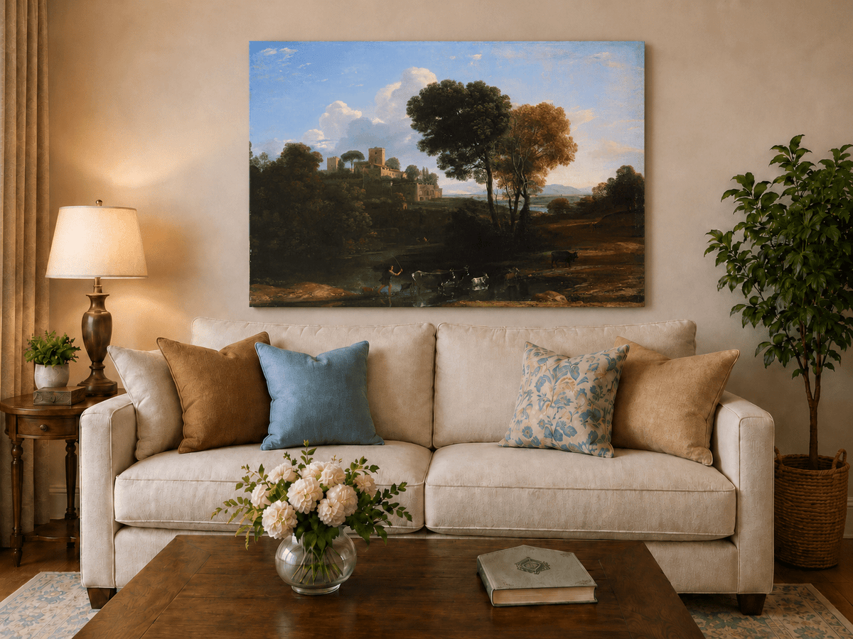 Peinture à l'huile de paysage - Bord de rivière avec château et bétail