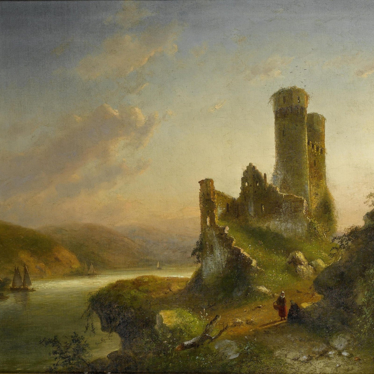 Landscape Oil Painting - Riverside Castle Ruins at Golden Sunset