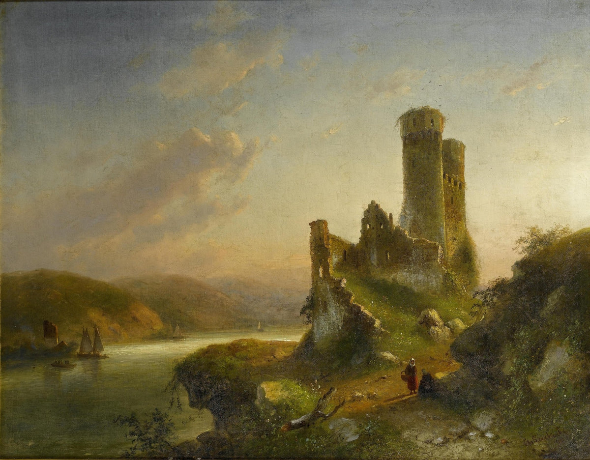 Peinture à l'huile de paysage - Port animé avec navires et personnages