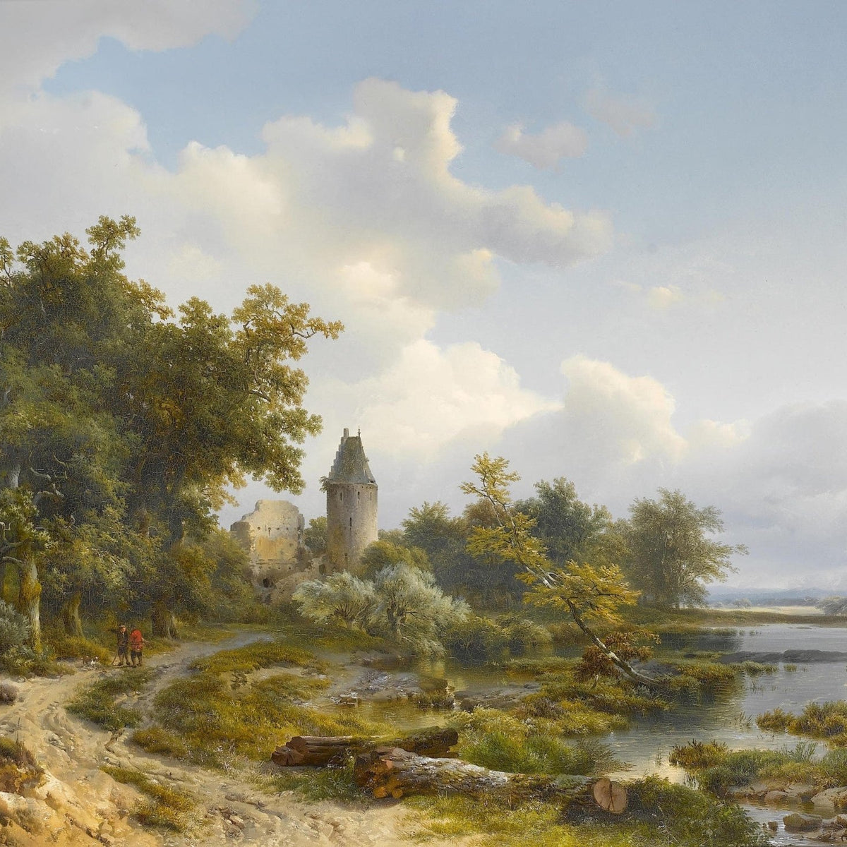 Landscape Oil Painting - Riverside castle tower & wooded banks - Oil Painting Haven