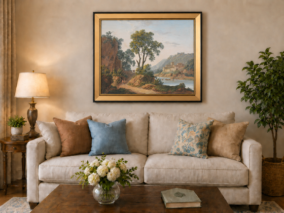 Hand-painted Riverside Castle Valley and Travelers landscape oil painting displayed as wall art in a styled interior