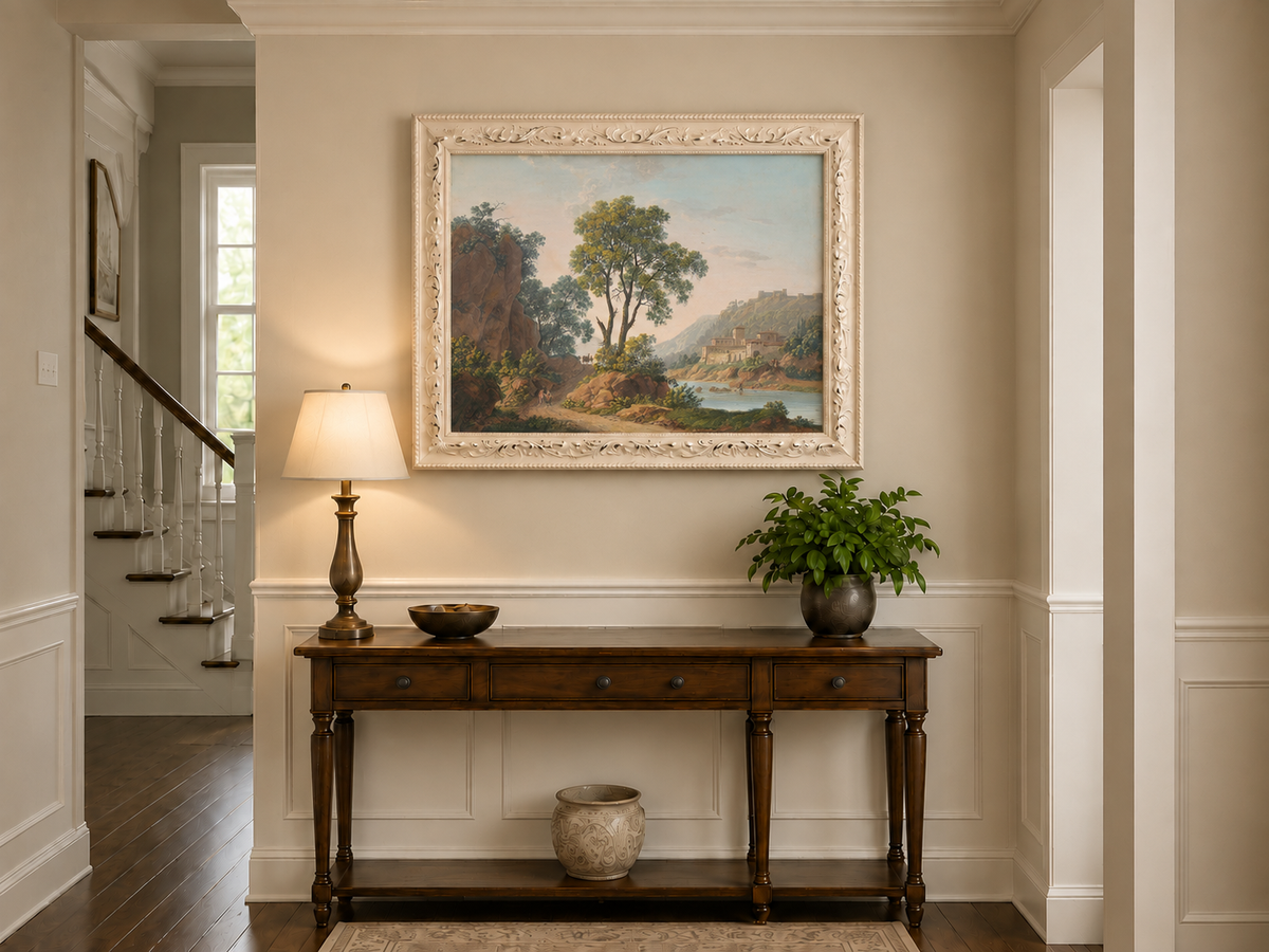 Hand-painted Riverside Castle Valley and Travelers landscape oil painting displayed as wall art in a styled interior