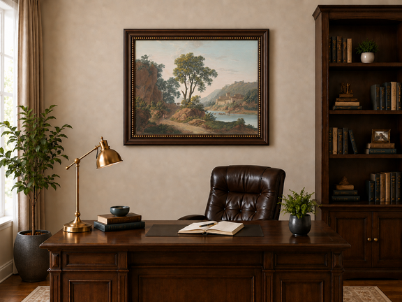 Hand-painted Riverside Castle Valley and Travelers landscape oil painting displayed as wall art in a styled interior