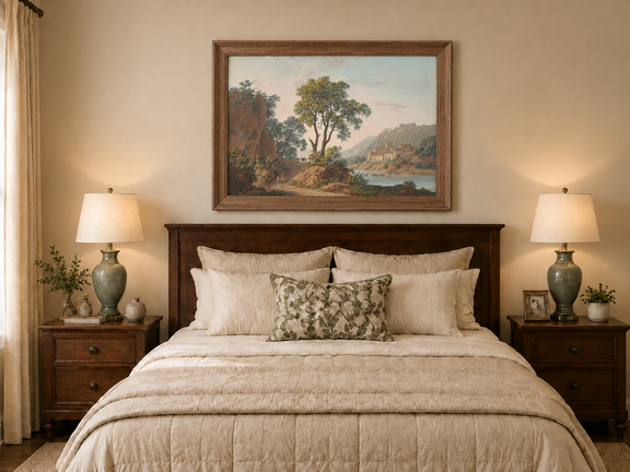 Hand-painted Riverside Castle Valley and Travelers landscape oil painting displayed as wall art in a styled interior