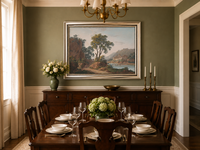 Hand-painted Riverside Castle Valley and Travelers landscape oil painting displayed as wall art in a styled interior