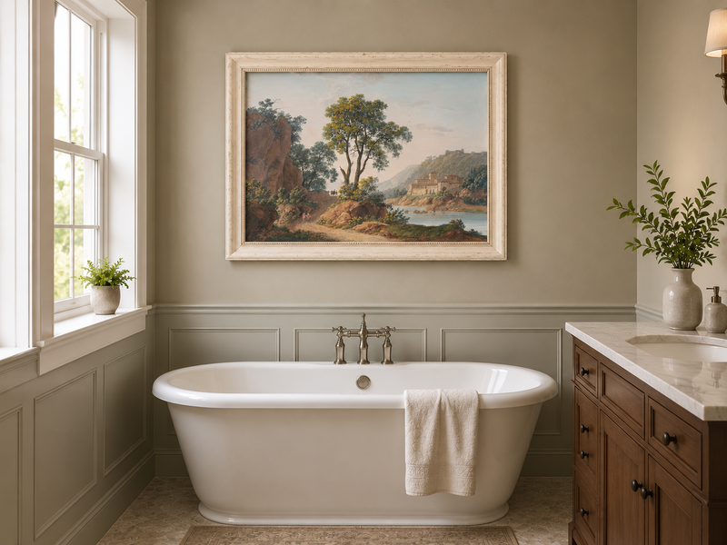 Hand-painted Riverside Castle Valley and Travelers landscape oil painting displayed as wall art in a styled interior