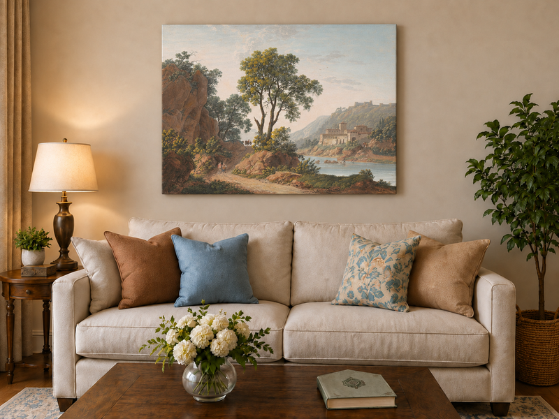 Hand-painted Riverside Castle Valley and Travelers landscape oil painting displayed as wall art in a styled interior