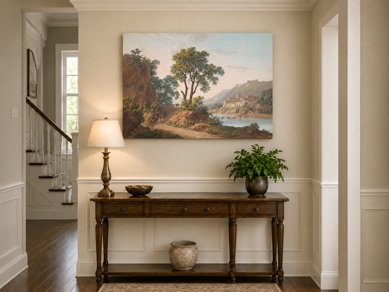Hand-painted Riverside Castle Valley and Travelers landscape oil painting displayed as wall art in a styled interior