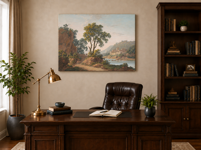 Hand-painted Riverside Castle Valley and Travelers landscape oil painting displayed as wall art in a styled interior