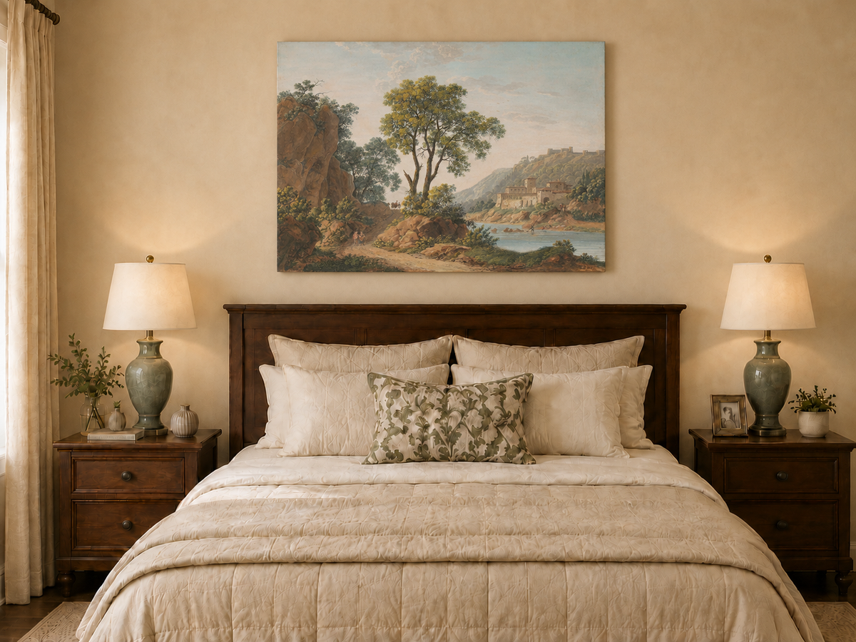 Hand-painted Riverside Castle Valley and Travelers landscape oil painting displayed as wall art in a styled interior