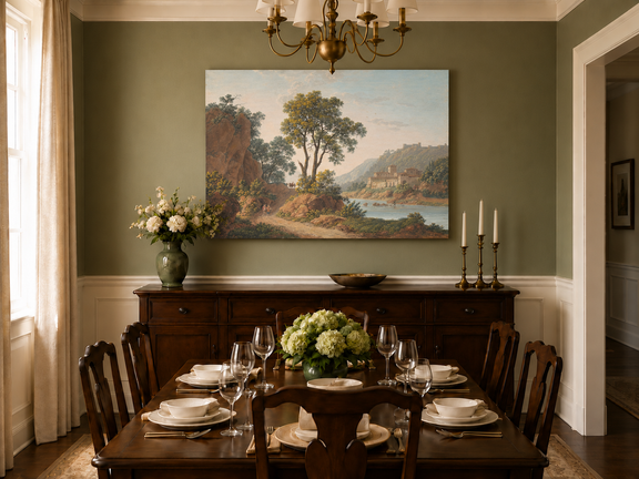 Hand-painted Riverside Castle Valley and Travelers landscape oil painting displayed as wall art in a styled interior