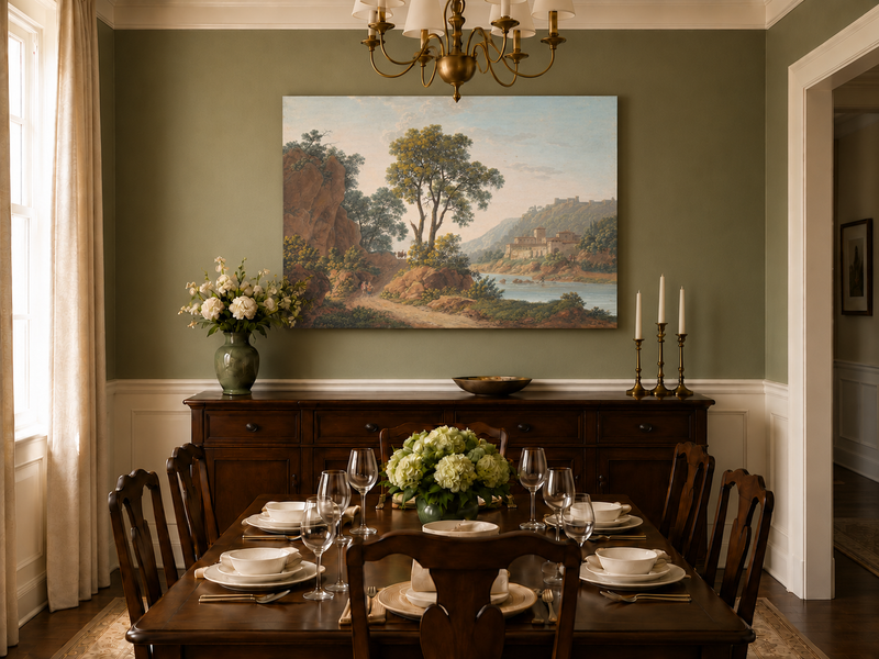 Hand-painted Riverside Castle Valley and Travelers landscape oil painting displayed as wall art in a styled interior