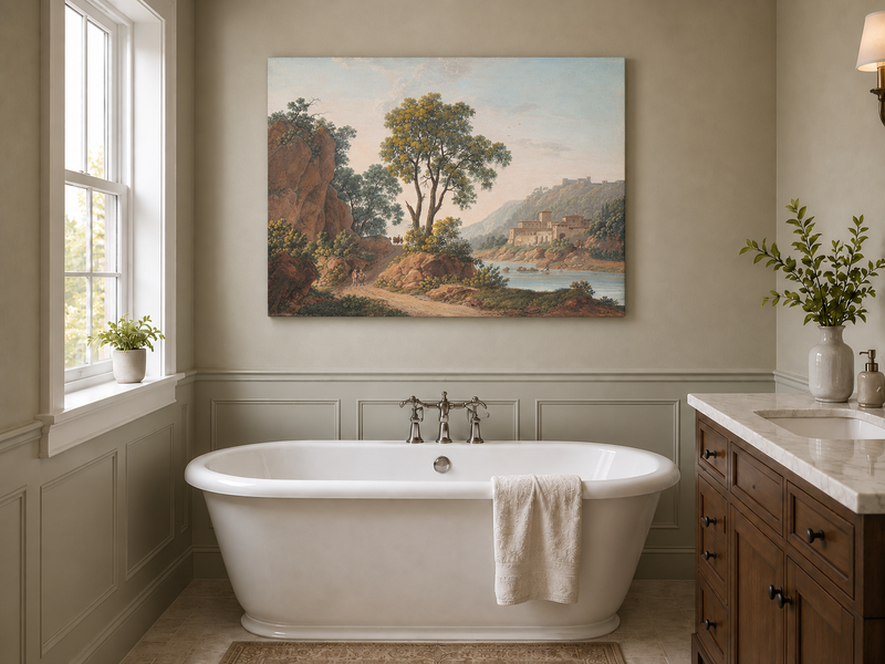 Hand-painted Riverside Castle Valley and Travelers landscape oil painting displayed as wall art in a styled interior