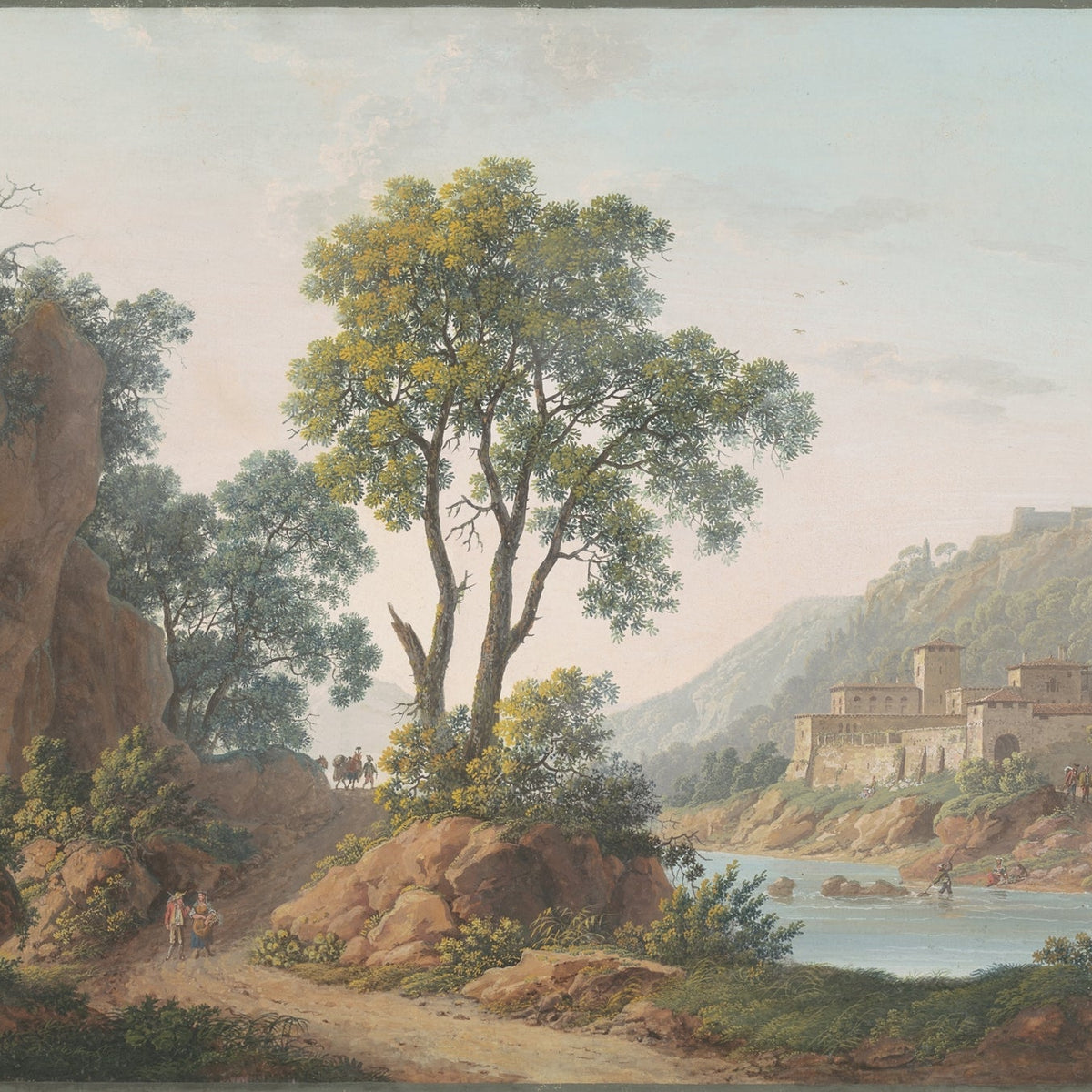 Hand-painted riverside castle valley and travelers landscape oil painting on canvas