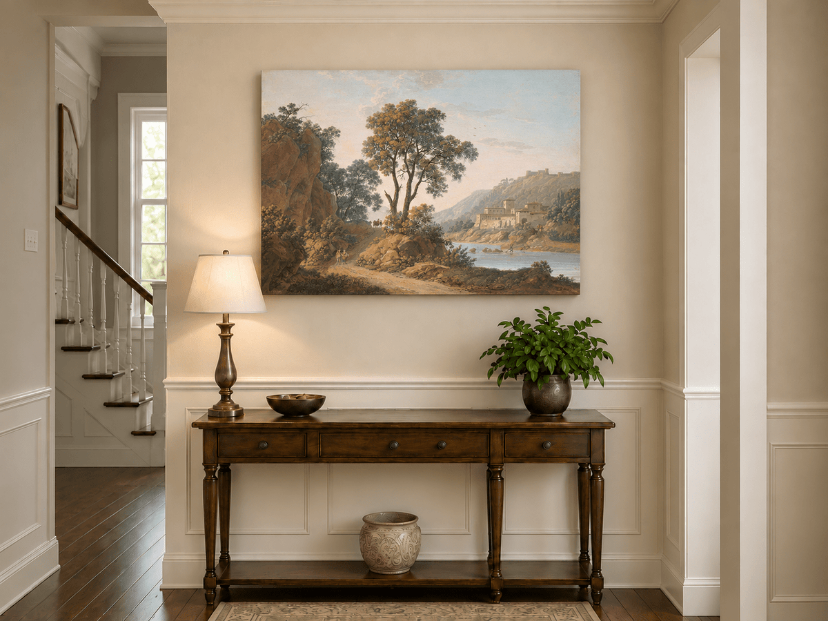 Hand-painted Riverside Castle Valley and Travelers landscape oil painting displayed as wall art in a styled interior