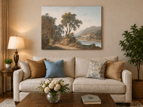 Hand-painted Riverside Castle Valley and Travelers landscape oil painting displayed as wall art in a styled interior