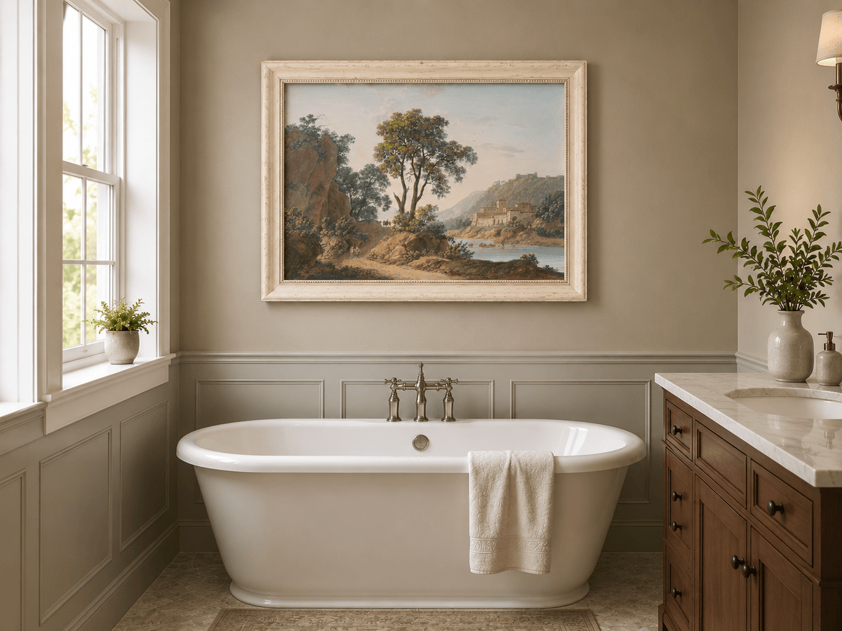 Hand-painted Riverside Castle Valley and Travelers landscape oil painting displayed as wall art in a styled interior
