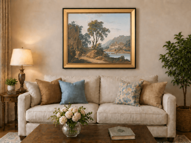 Hand-painted Riverside Castle Valley and Travelers landscape oil painting displayed as wall art in a styled interior