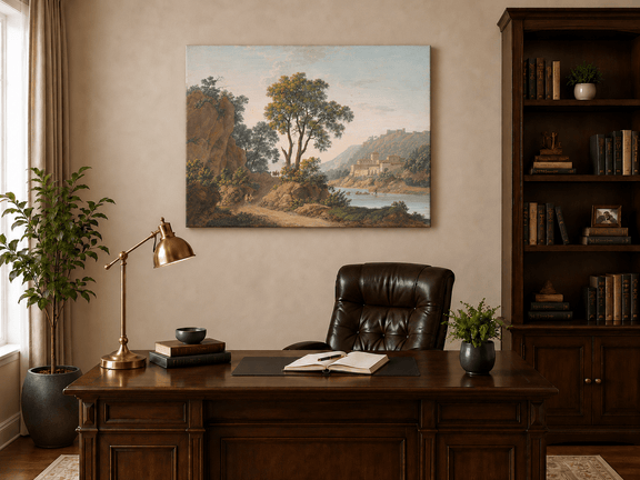 Hand-painted Riverside Castle Valley and Travelers landscape oil painting displayed as wall art in a styled interior