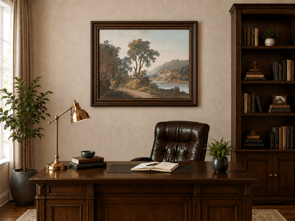 Hand-painted Riverside Castle Valley and Travelers landscape oil painting displayed as wall art in a styled interior