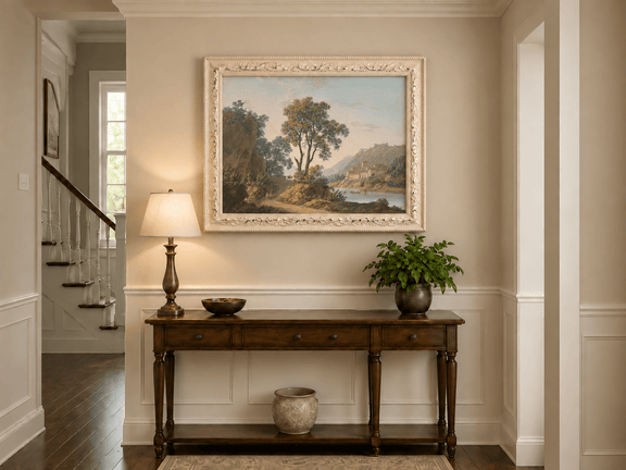 Hand-painted Riverside Castle Valley and Travelers landscape oil painting displayed as wall art in a styled interior