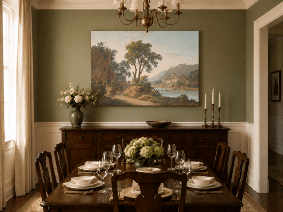 Hand-painted Riverside Castle Valley and Travelers landscape oil painting displayed as wall art in a styled interior