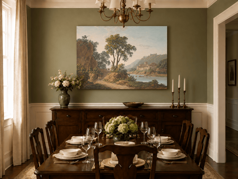 Hand-painted Riverside Castle Valley and Travelers landscape oil painting displayed as wall art in a styled interior