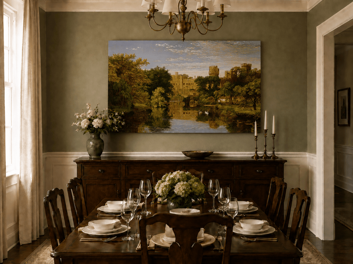 Landscape Oil Painting - Riverside Castle with Swans & Greenery