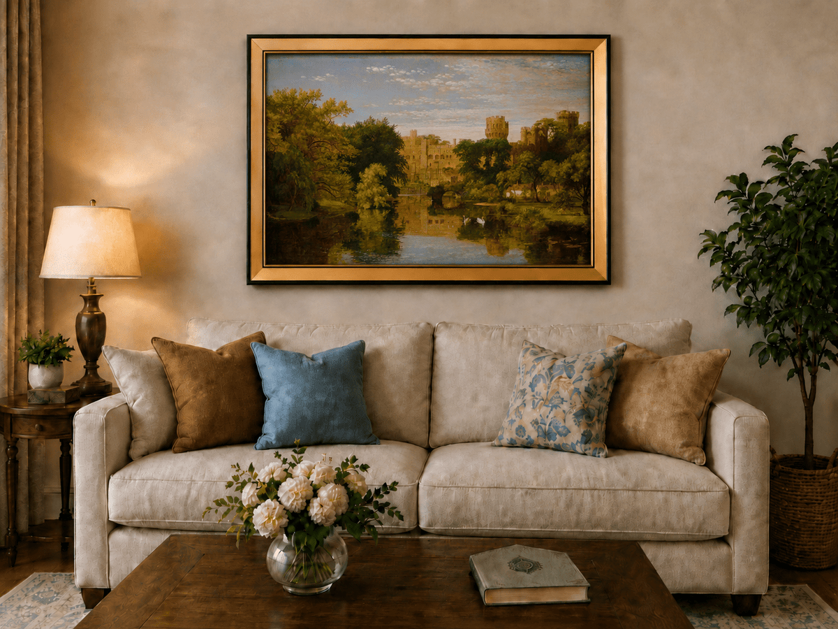 Landscape Oil Painting - Riverside Castle with Swans & Greenery