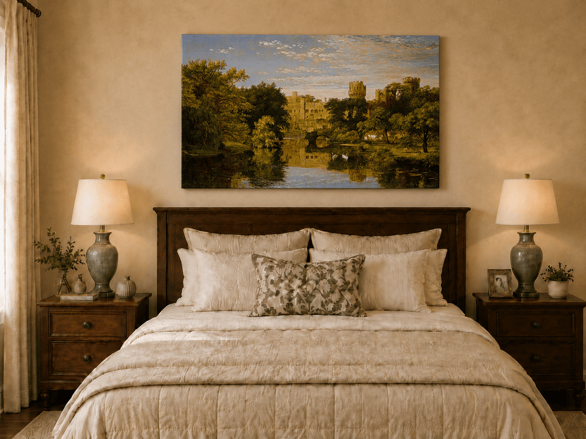 Landscape Oil Painting - Riverside Castle with Swans & Greenery