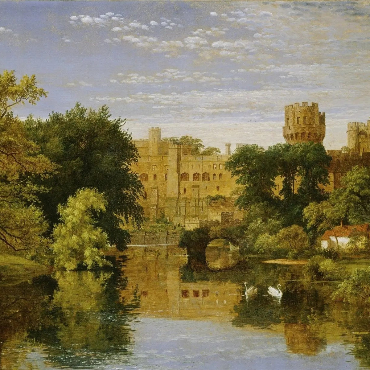 Landscape Oil Painting - Riverside Castle with Swans & Greenery - Oil Painting Haven