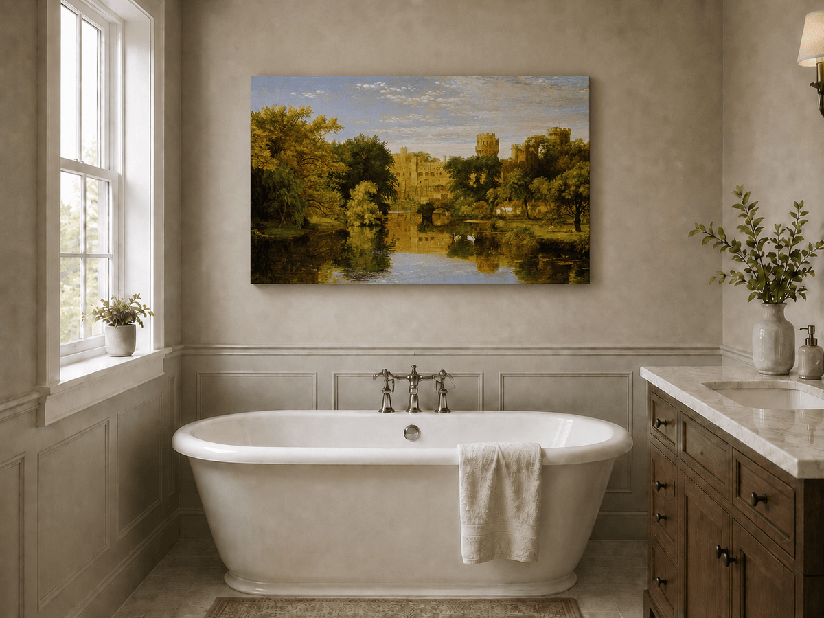 Landscape Oil Painting - Riverside Castle with Swans & Greenery