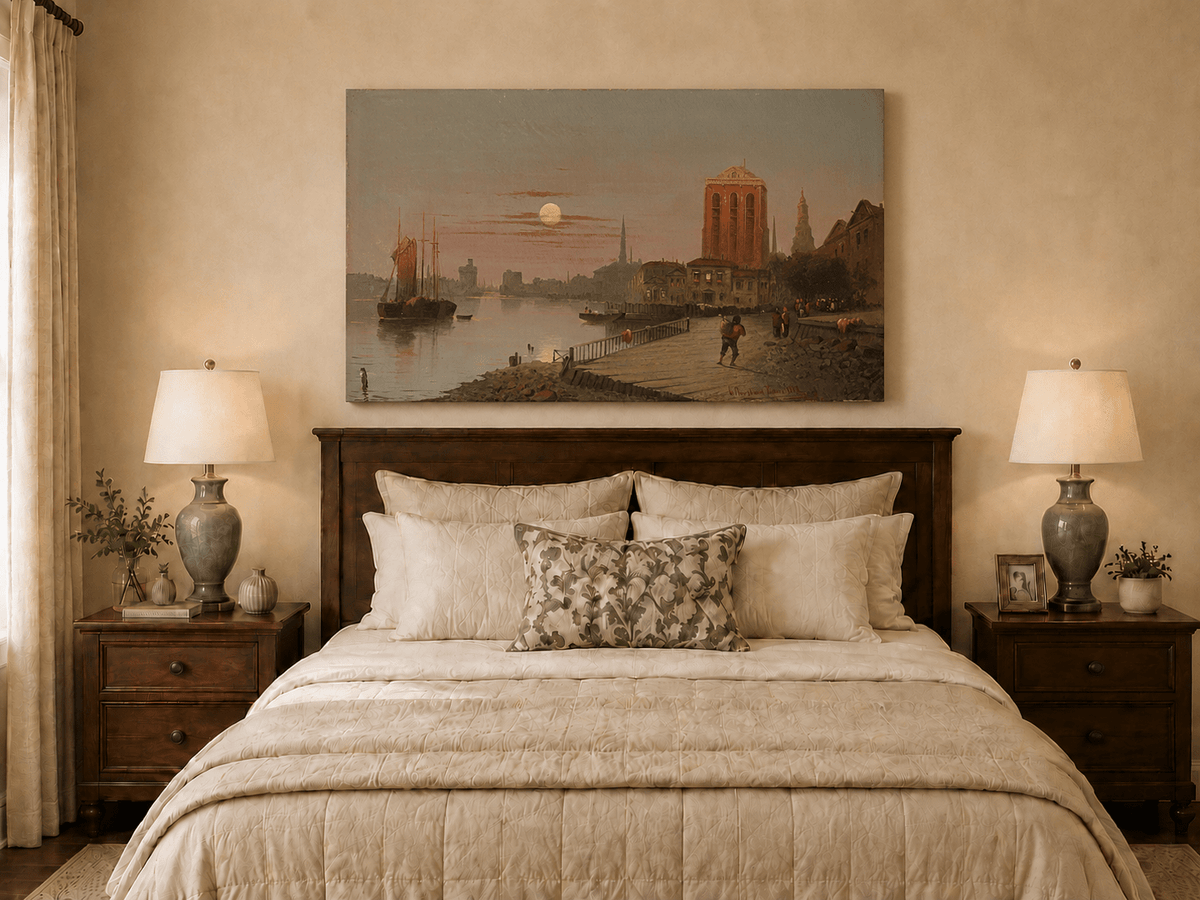 Peinture à l'huile de paysage - Ville au bord de la rivière au coucher du soleil Personnages, Bateaux