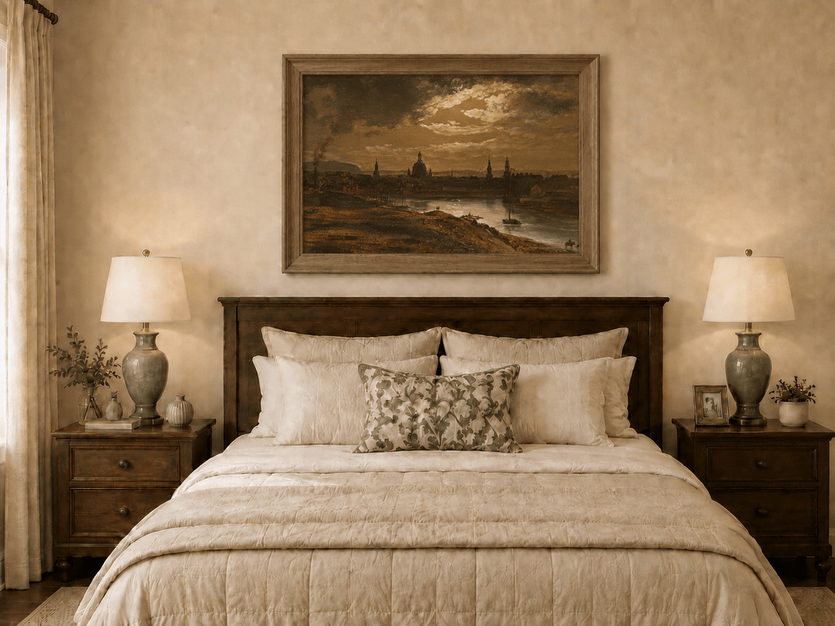 Hand-painted riverside city with historic architecture displayed as decorative wall art.