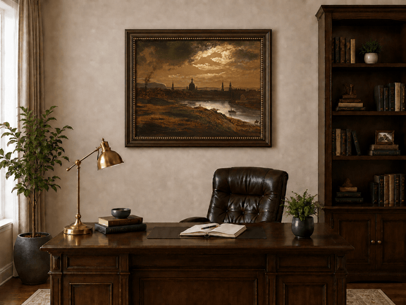 Historic riverside city at dusk landscape oil painting presented in an interior wall art mockup.