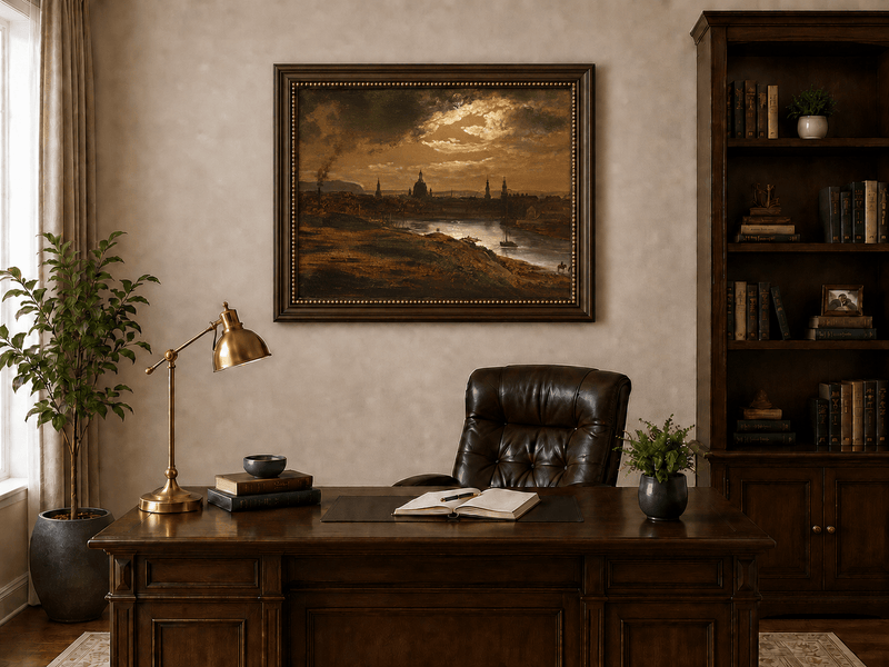 Historic riverside city at dusk landscape oil painting presented in an interior wall art mockup.