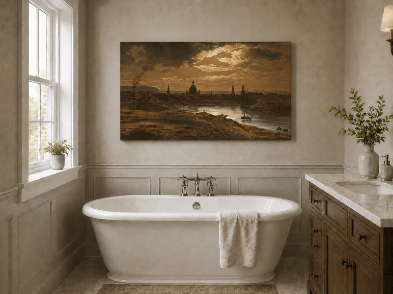 Riverside city at dusk with historic architecture landscape oil painting presented as styled home decor.